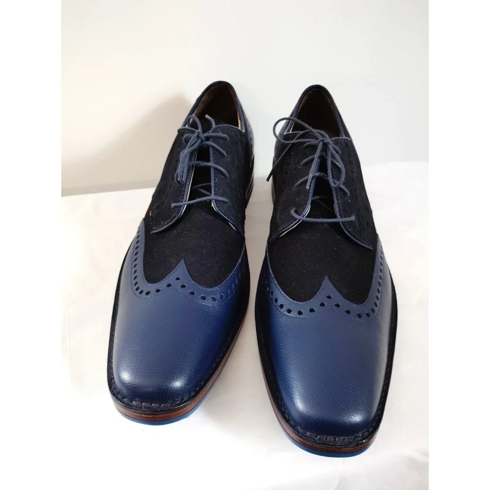 NWOT-KOPS Men 13 Two‑Tone Navy Black‎ Leather Suede Brogue Oxford Wingtip Shoes